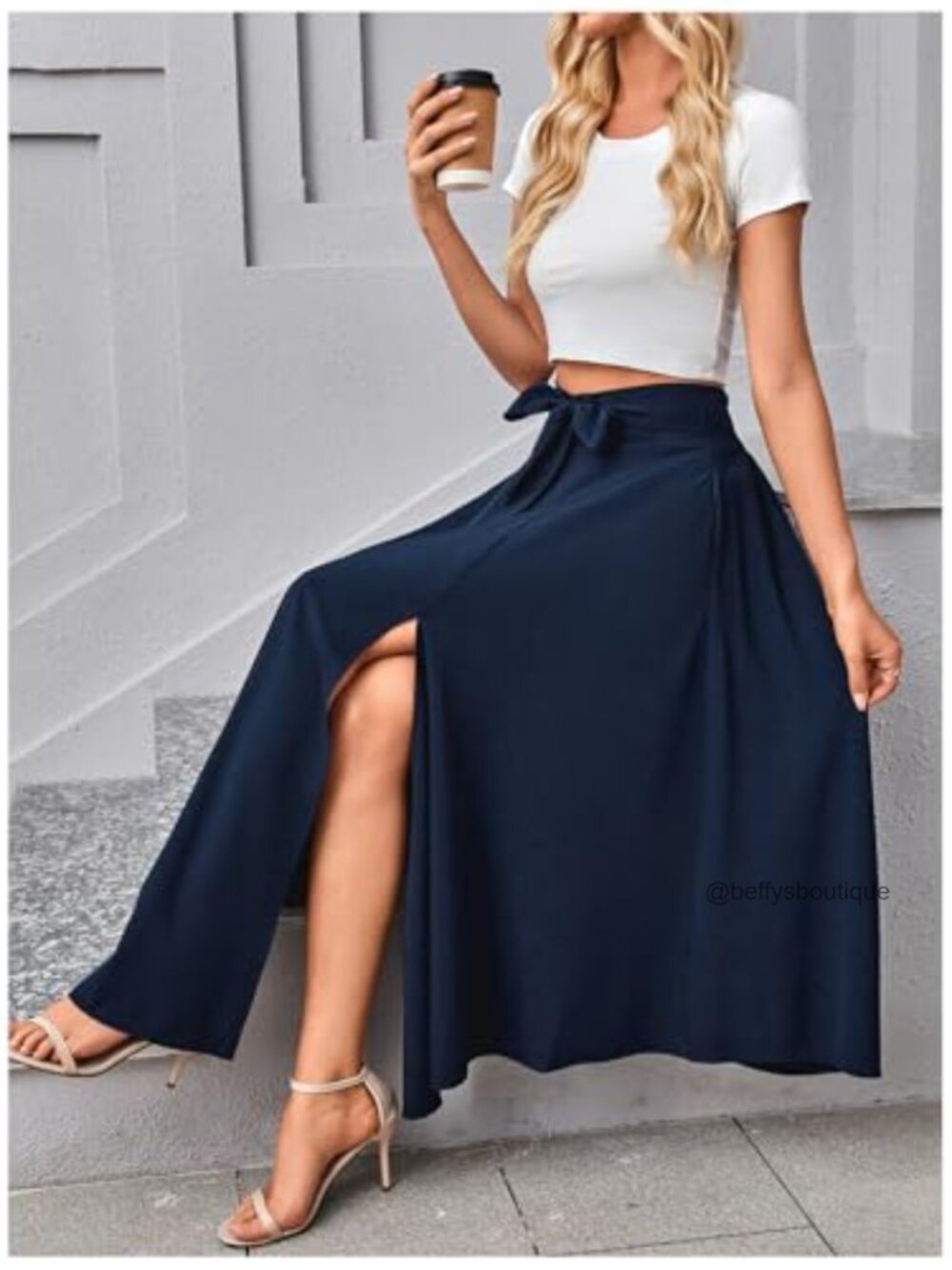 High Waist Flowy Maxi Skirt with Slit Business Casual - Picture 6 of 7